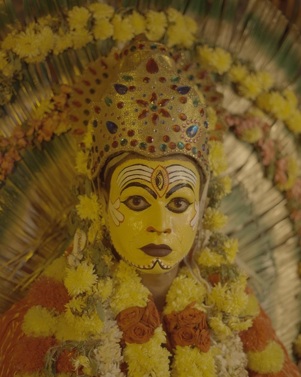 Kantara-inspired character close-up in yellow face paint
