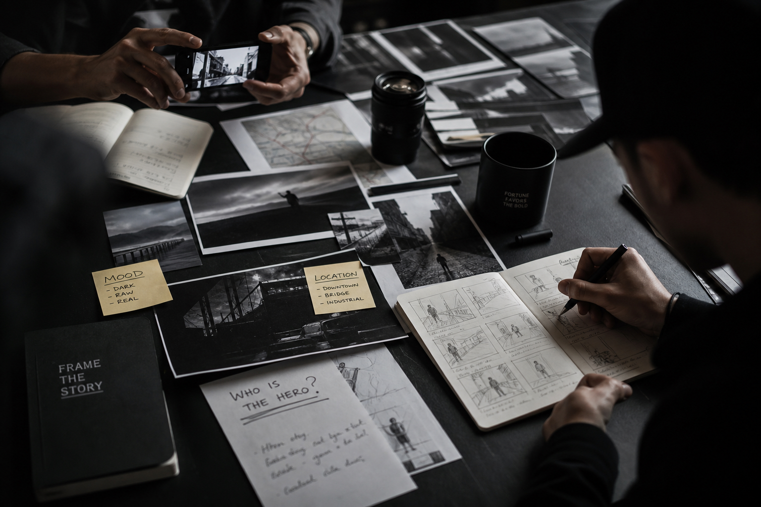 Storyboards and photo prints on a dark studio desk